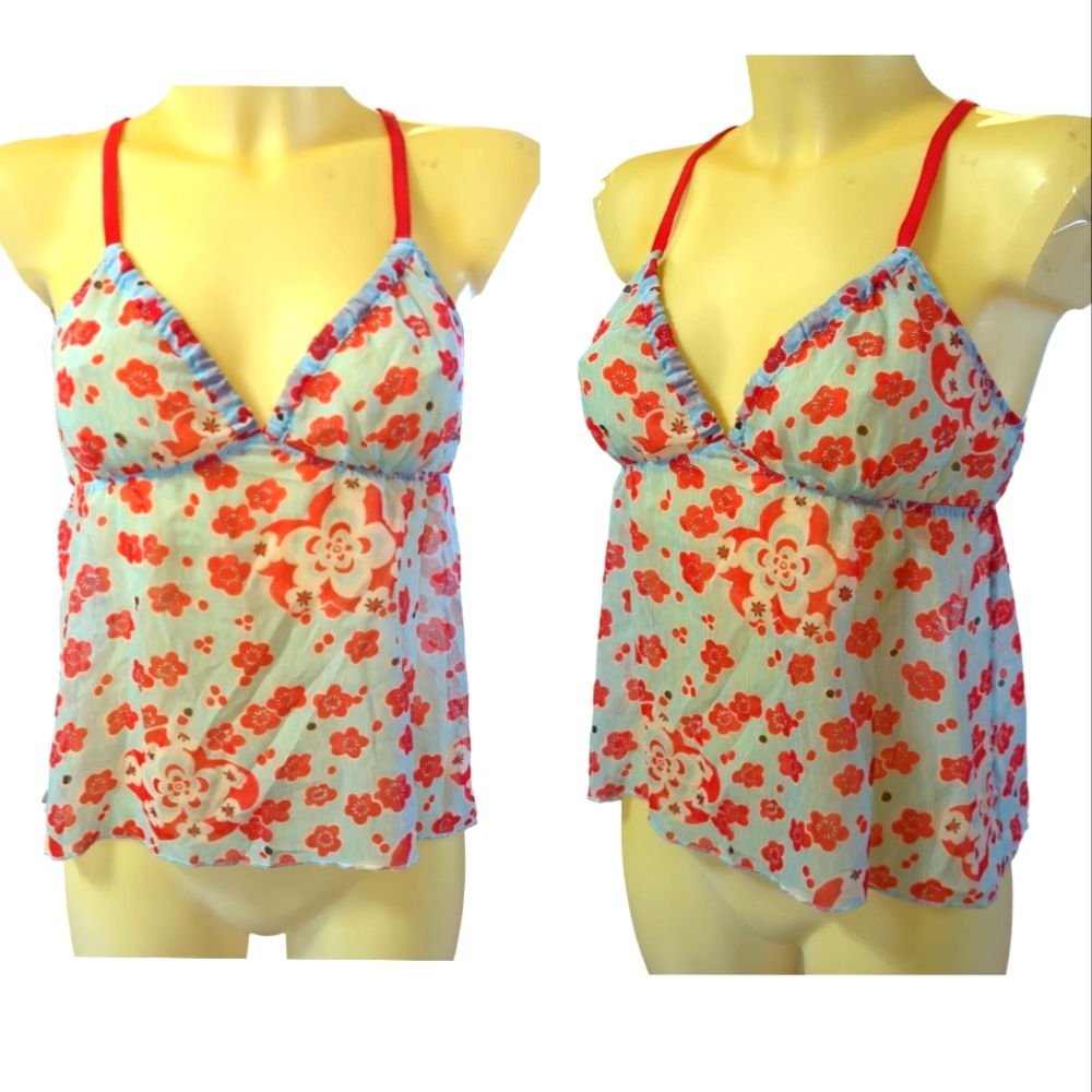 JOSIE NATORI Light Blue and Red Floral Sheer Camisole Lingerie